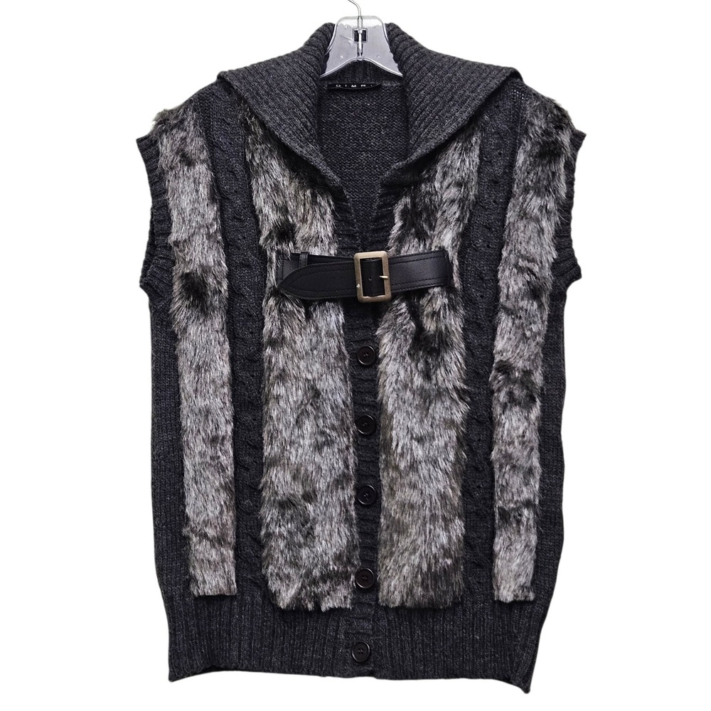 DIMRI Womens M 90s  Dark Gray Faux Fur Knit Sleeveless Vest Buckle‎ Collar Bratz